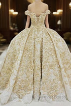 Off the shoulder Golden Lace Appliques Formal Ball Gown Wedding Dresses