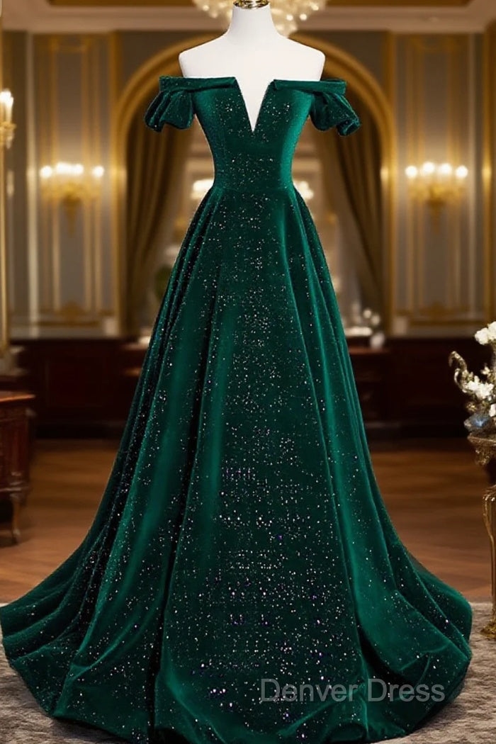 Off The Shoulder Green Black Long Prom Dresses, Off Shoulder Green Black Formal Evening Dresses Main image