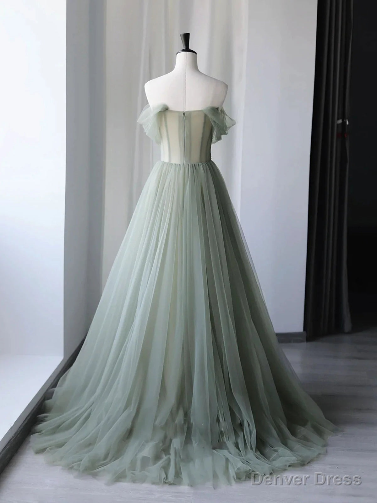 Off the Shoulder Green Floral Long Prom Dress, Green Floral Long Prom Dresses