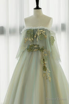 Off the Shoulder Green Lace Floral Prom Dress, Green Tulle Floral Long Prom Dresses