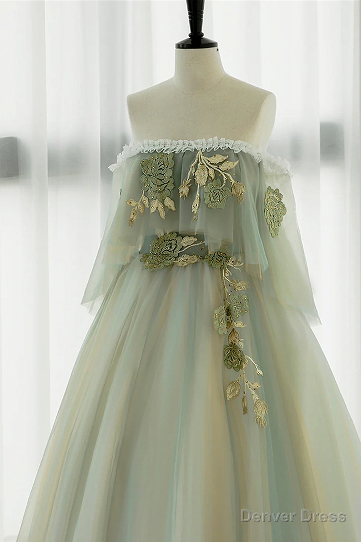 Off the Shoulder Green Lace Floral Prom Dress, Green Tulle Floral Long Prom Dresses