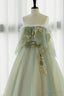 Off the Shoulder Green Lace Floral Prom Dress, Green Tulle Floral Long Prom Dresses