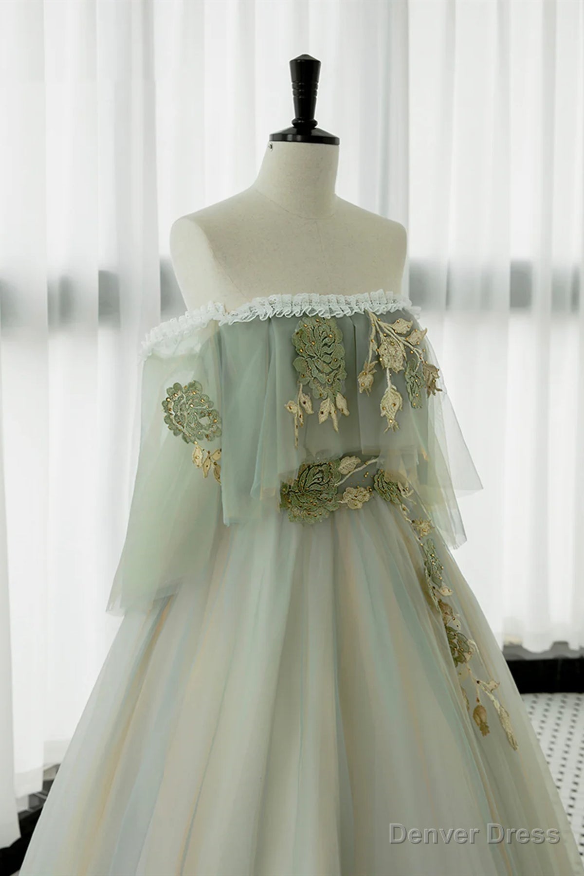 Off the Shoulder Green Lace Floral Prom Dresses, Green Tulle Floral Long Formal Evening Dresses Secondary image