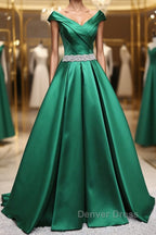 Off the Shoulder Green Long Prom Dress with Corset Back, Off Shoulder Long Green Prom Dresses