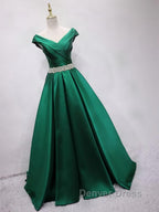 Off the Shoulder Green Long Prom Dress with Corset Back, Off Shoulder Long Green Prom Dresses
