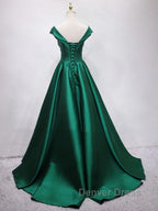 Off the Shoulder Green Long Prom Dress with Corset Back, Off Shoulder Long Green Prom Dresses