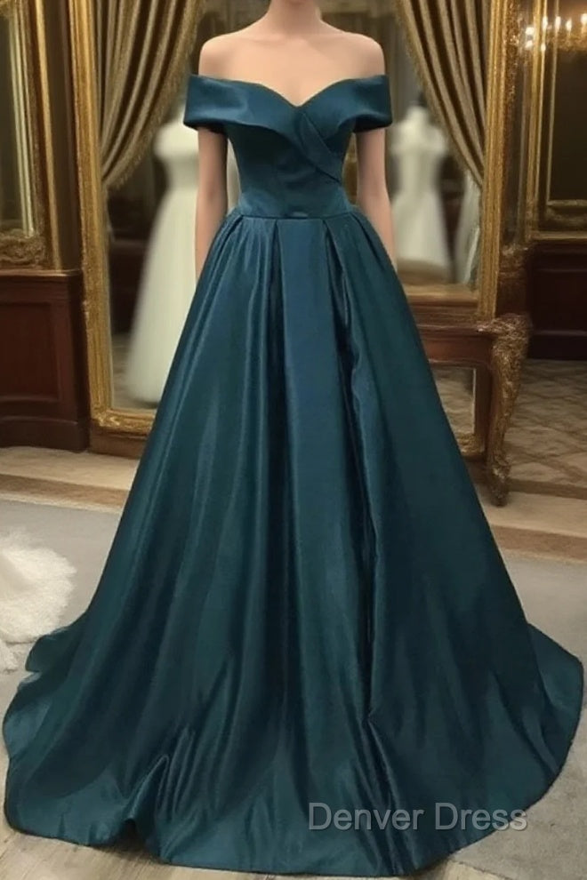 Off The Shoulder Green Long Satin Prom Dresses