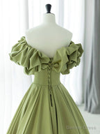 Off the Shoulder Green Satin Long Prom Dress, Green Satin Long Prom Dresses