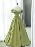 Off the Shoulder Green Satin Long Prom Dress, Green Satin Long Prom Dresses