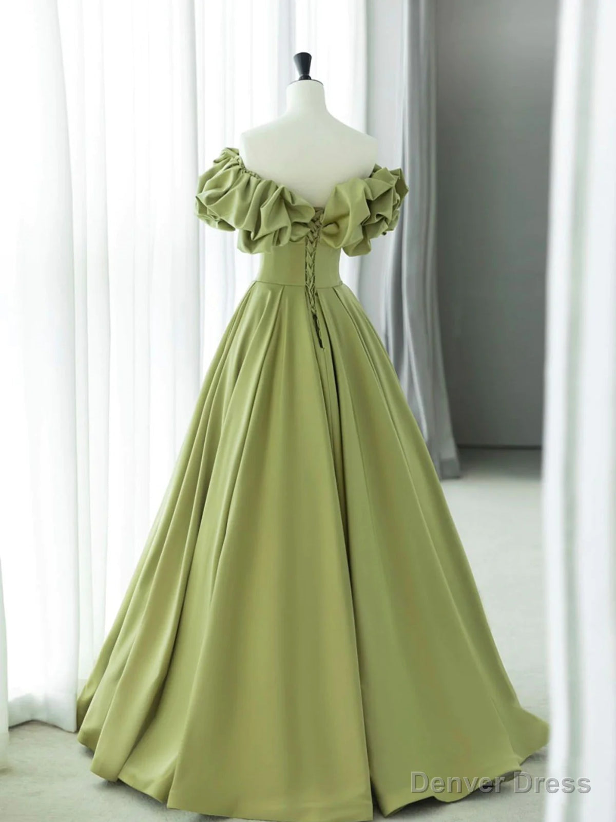 Off the Shoulder Green Satin Long Prom Dress, Green Satin Long Prom Dresses