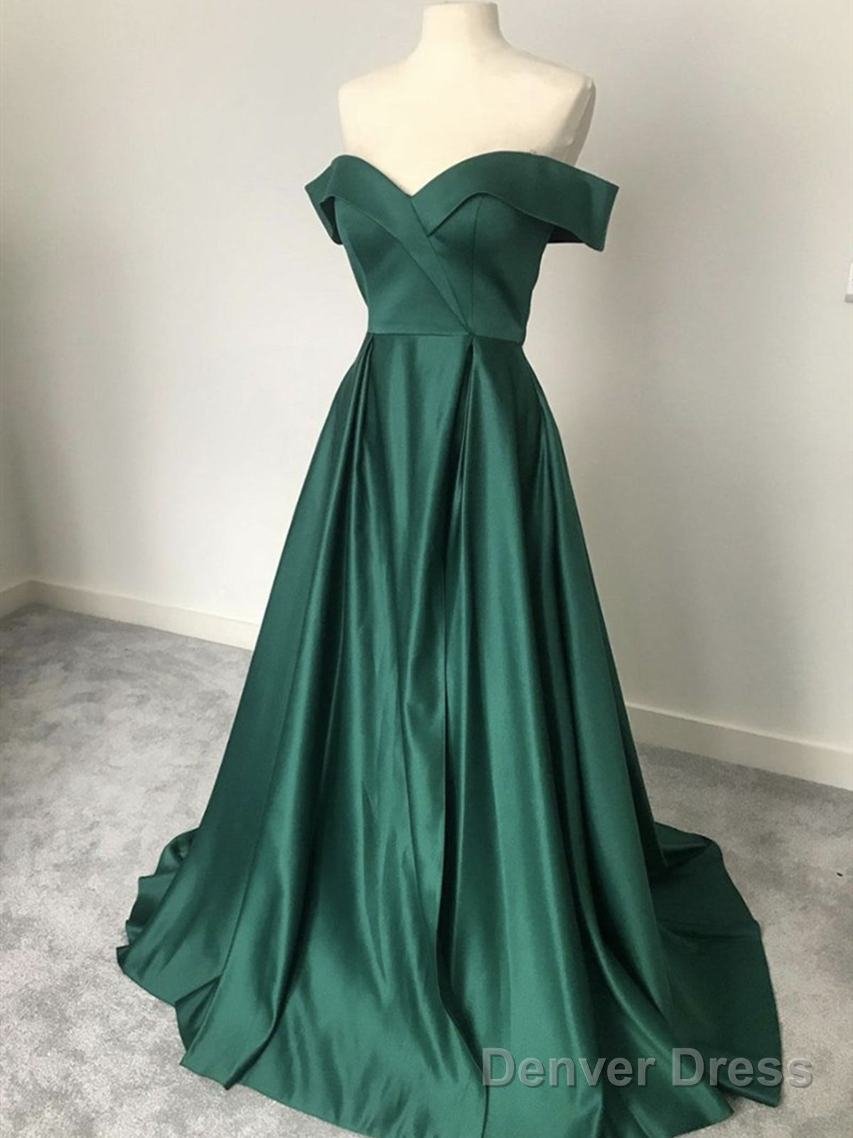 Off The Shoulder Green Satin Long Prom Dresses, Off Shoulder Emerald Green Long Formal Evening Dresses Main image