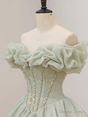 Off the Shoulder Green Tulle Beaded Prom Dresses, Green Beaded Off Shoulder Formal Evening Dresses