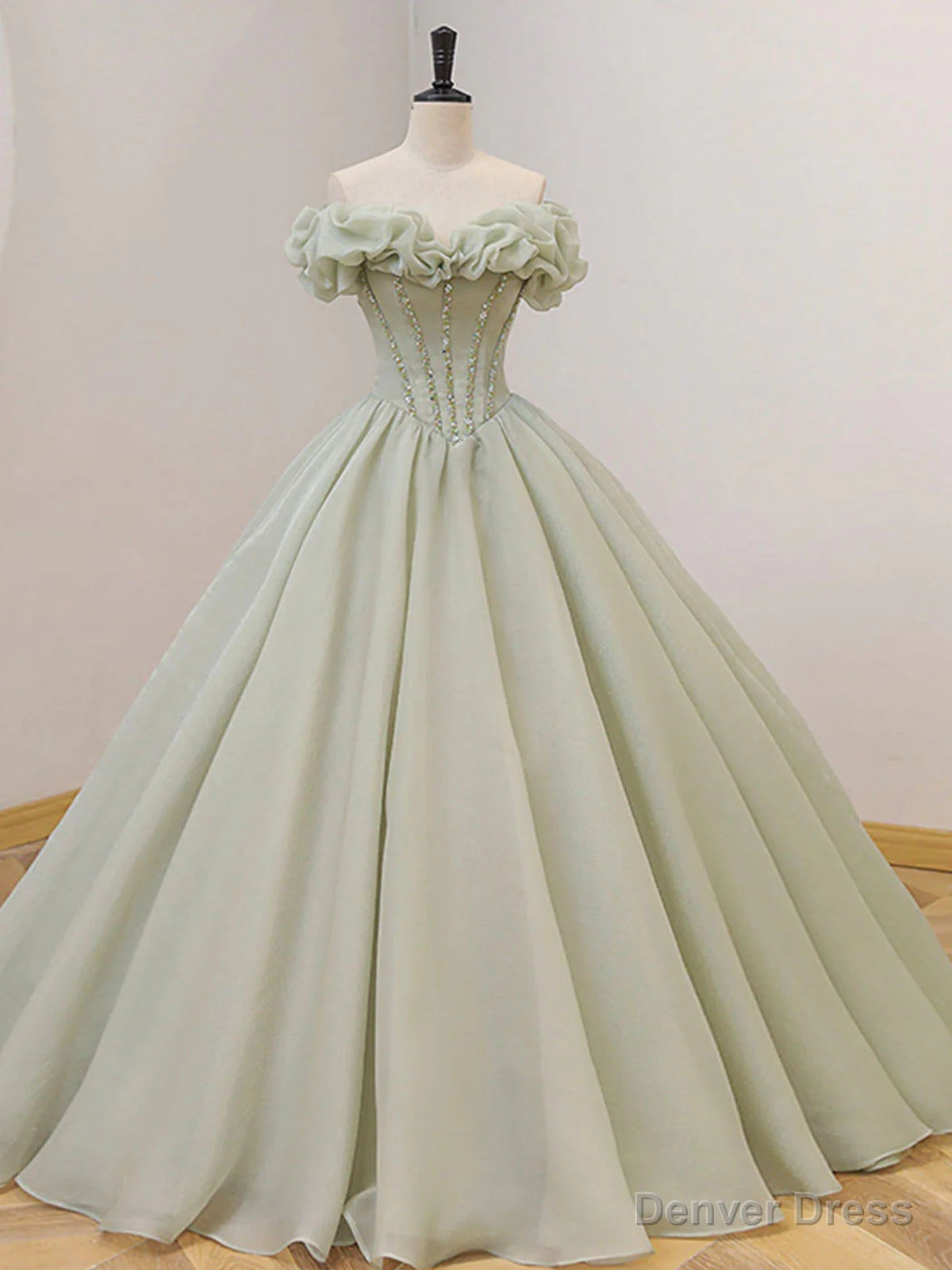 Off the Shoulder Green Tulle Beaded Prom Dress, Green Beaded Off Shoulder Prom Dresses