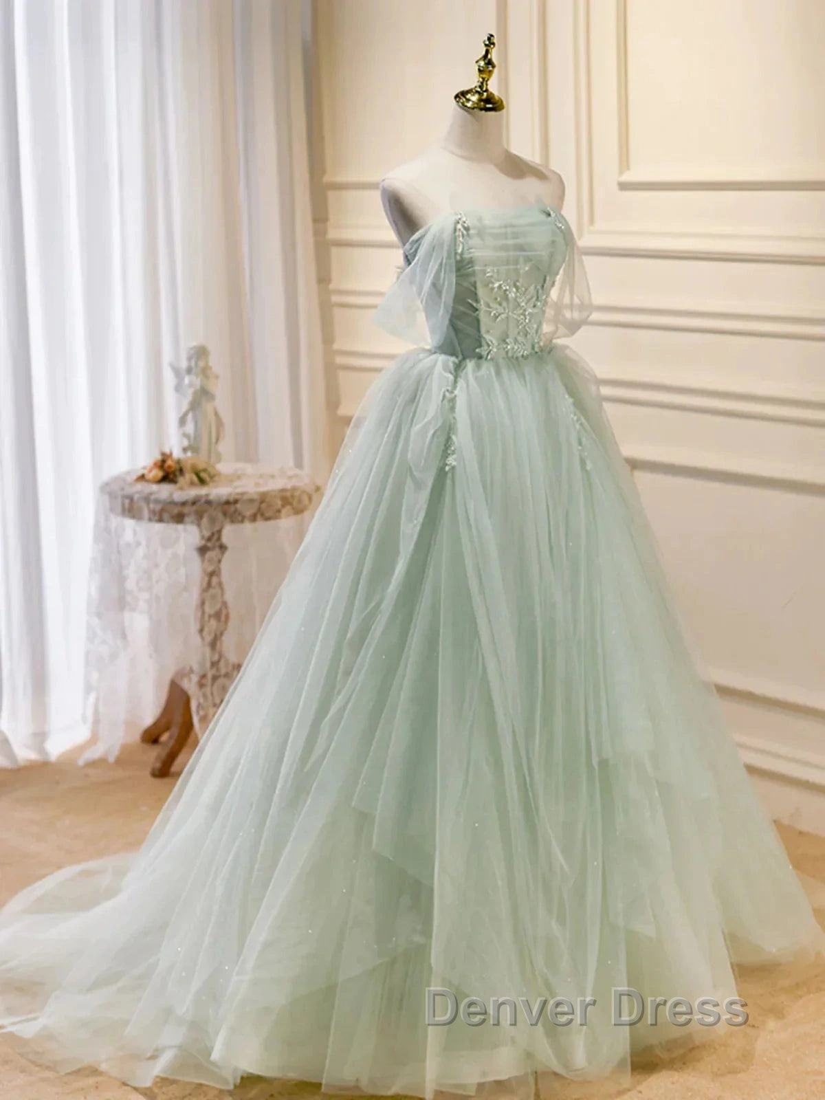 Off The Shoulder Green Tulle Long Prom Dresses, Green Long Formal Evening Dresses
