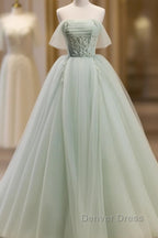 Off The Shoulder Green Tulle Long Prom Dresses, Green Long Formal Evening Dresses