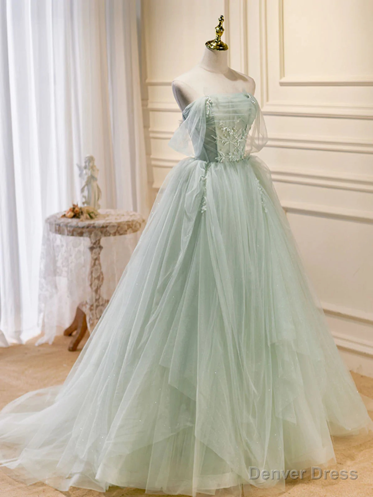 Off the Shoulder Green Tulle Long Prom Dresses, Green Off Shoulder Long Formal Evening Dresses Main image
