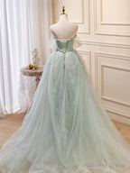 Off the Shoulder Green Tulle Long Prom Dress, Green Off Shoulder Long Prom Dresses