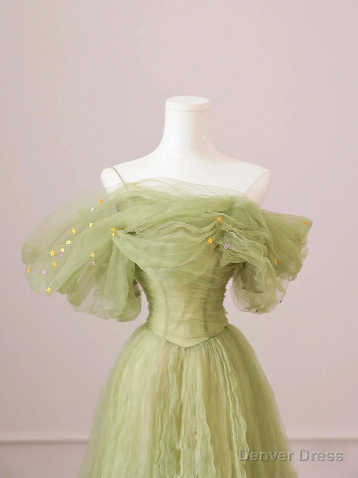 Off the Shoulder Green Tulle Long Prom Dress, Green Tulle Long Prom Dresses