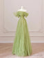 Off the Shoulder Green Tulle Long Prom Dresses, Green Tulle Long Formal Evening Dresses