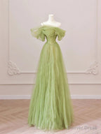 Off the Shoulder Green Tulle Long Prom Dress, Green Tulle Long Prom Dresses
