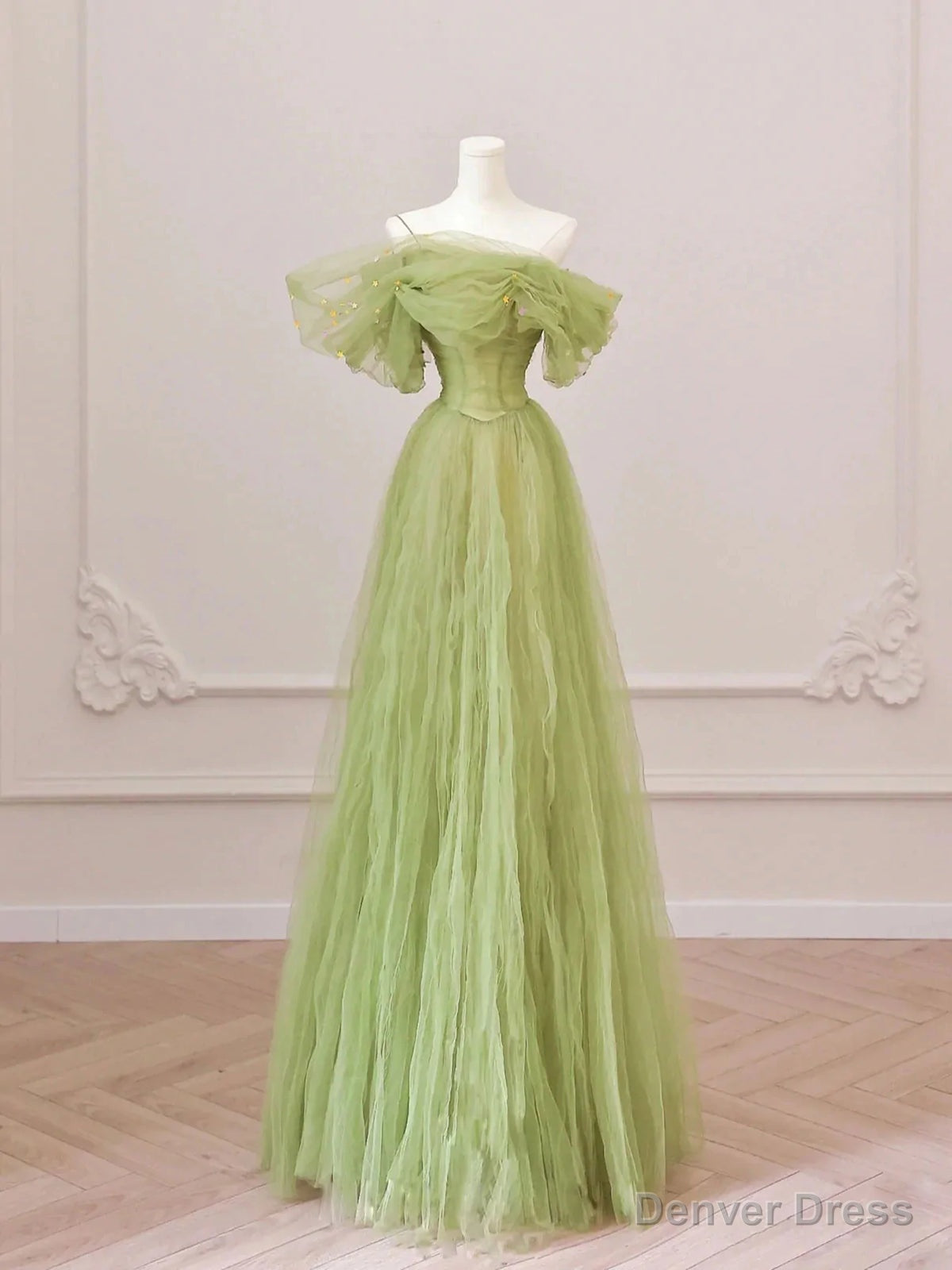 Off the Shoulder Green Tulle Long Prom Dress, Green Tulle Long Prom Dresses