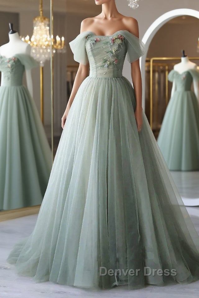 Off the Shoulder Green Tulle Long Prom Dress, Green Tulle Off Shoulder Prom Dresses Main image