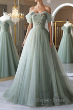Off the Shoulder Green Tulle Long Prom Dress, Green Tulle Off Shoulder Prom Dresses
