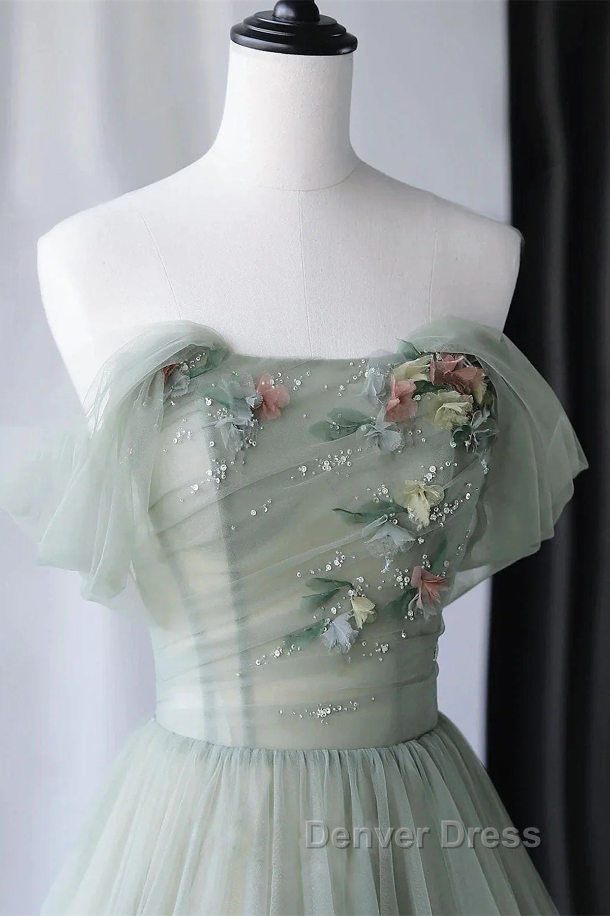Off the Shoulder Green Tulle Long Prom Dress, Green Tulle Off Shoulder Prom Dresses Secondary image