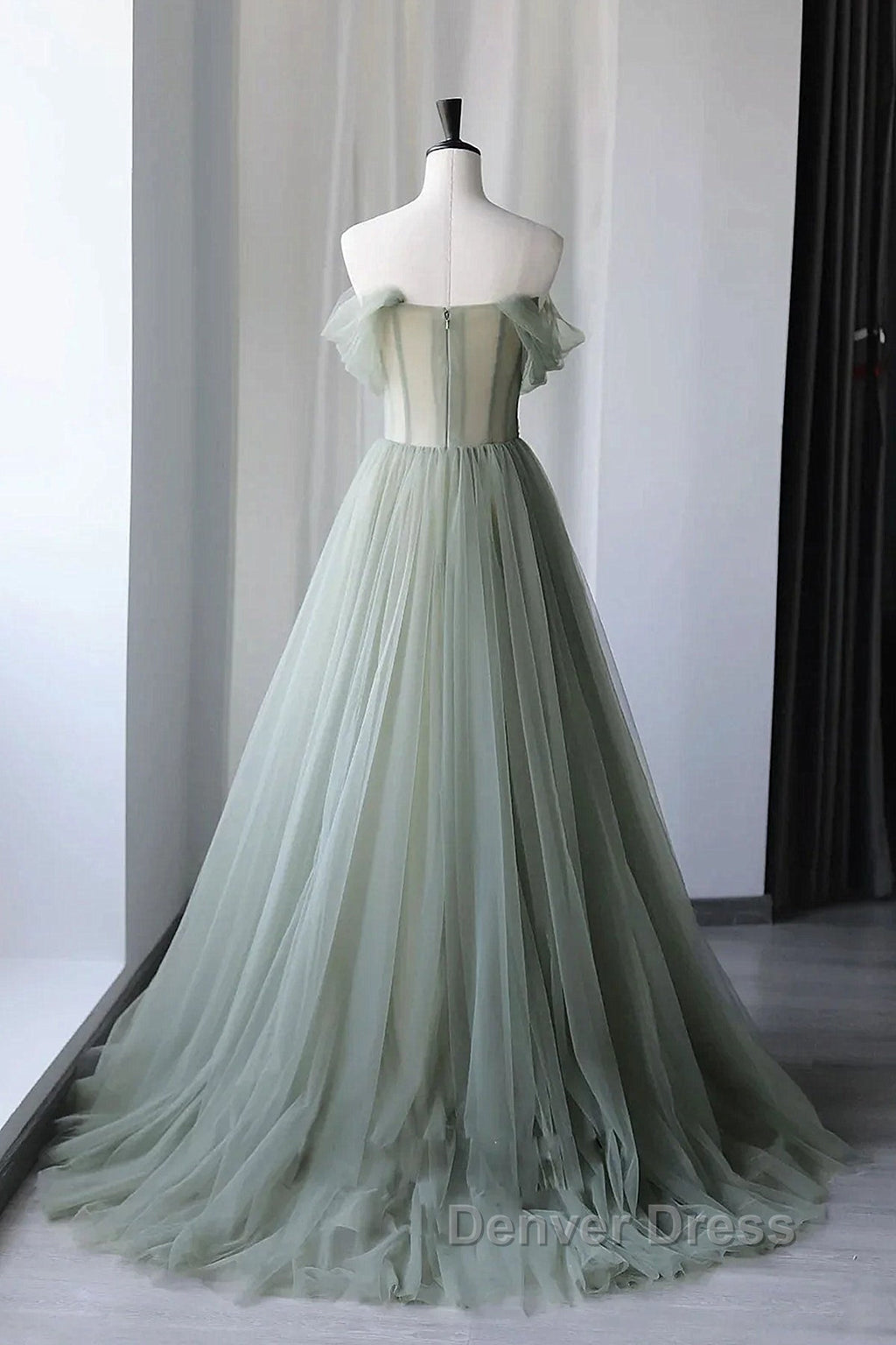 Off the Shoulder Green Tulle Long Prom Dress, Green Tulle Off Shoulder Prom Dresses