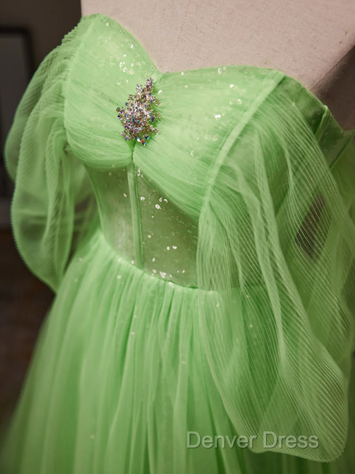 Off The Shoulder Green Tulle Long Prom Dresses, Off Shoulder Green Long Formal Graduation Dresses Secondary image