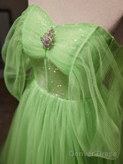 Off The Shoulder Green Tulle Long Prom Dresses, Off Shoulder Green Long Formal Graduation Dresses