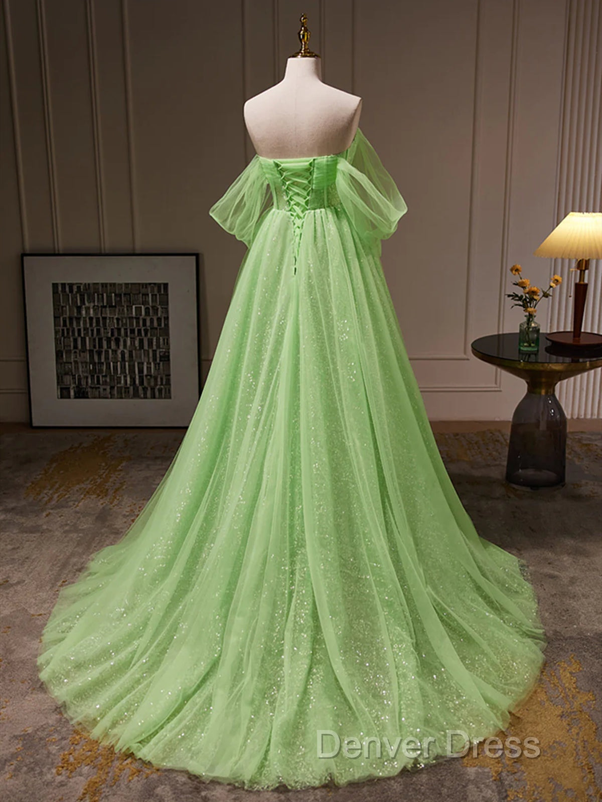 Off The Shoulder Green Tulle Long Prom Dresses, Off Shoulder Green Long Formal Graduation Dresses