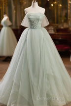 Off The Shoulder Green Tulle Long Prom Dresses