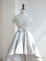 Off The Shoulder High Low Gray Lace Prom Dresses, High Low Gray Lace Formal Homecoming Dresses