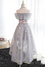 Off-The-Shoulder  High Low Grey Tulle Homecoming Dress With Appliques