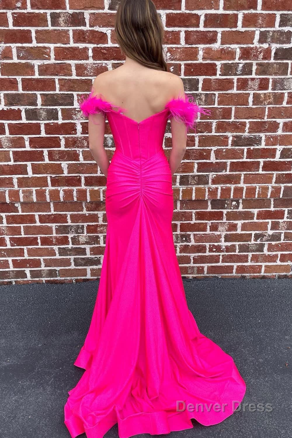 Off The Shoulder Hot Pink Mermaid Long Prom Dresses with Feathers Secondary image
