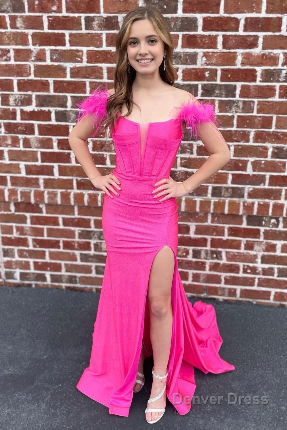 Off The Shoulder Hot Pink Mermaid Long Prom Dresses with Feathers Main image