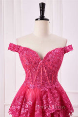 Off The Shoulder Hot Pink Sequin Tiered Prom Dresses With Slit