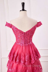 Off The Shoulder Hot Pink Sequin Tiered Prom Dresses With Slit