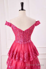 Off The Shoulder Hot Pink Sequin Tiered Prom Dress With Slit