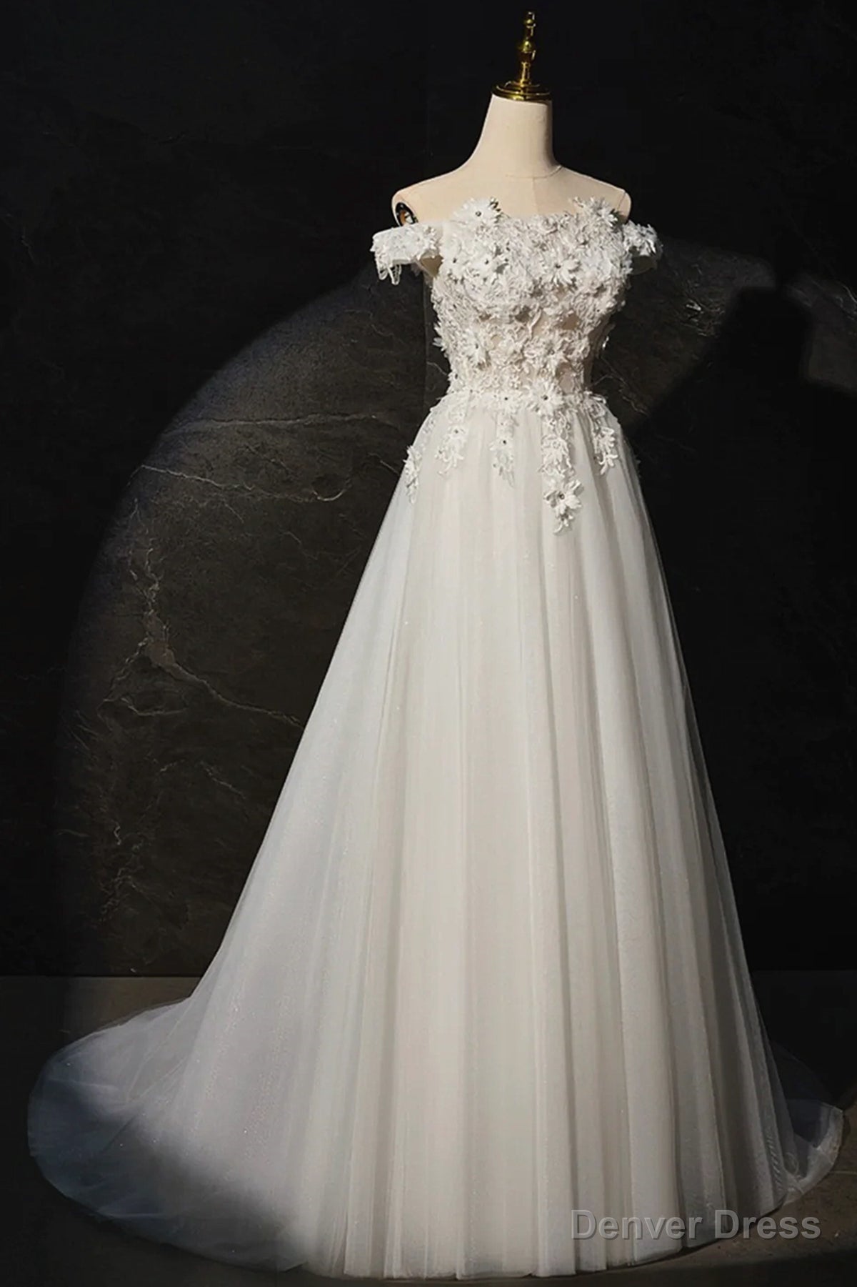 Off the Shoulder Ivory Lace Floral Long Prom Dress, Off Shoulder Ivory Lace Floral Long Prom Dresses Secondary image