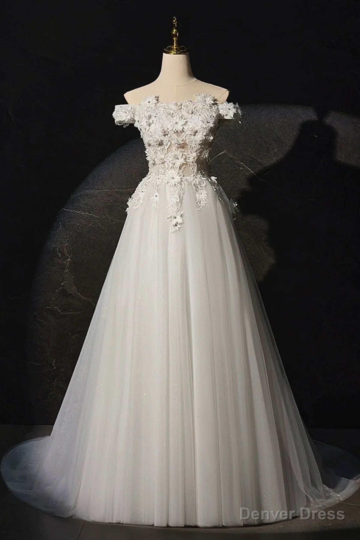 Off the Shoulder Ivory Lace Floral Long Prom Dresses, Off Shoulder Ivory Lace Floral Long Formal Evening Dresses Main image