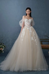 Off The Shoulder Lace Long Champagne Prom Dress, Lace Evening Formal Gown