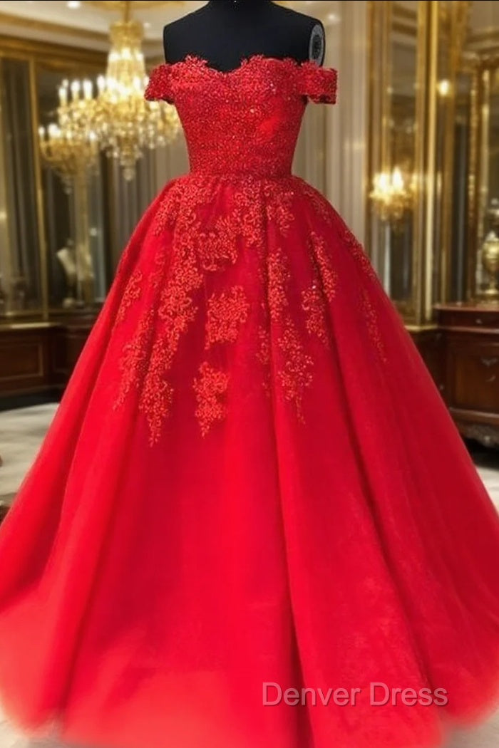 Off The Shoulder Lace Red Prom Dresses A Line Sequin Evening Gowns Main image