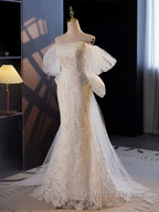 Off The Shoulder Lace Trumpet Mermaid Wedding Dresses With Bow