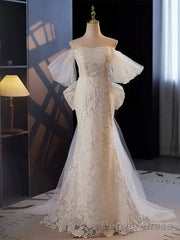 Off The Shoulder Lace Trumpet Mermaid Wedding Dress With Bow