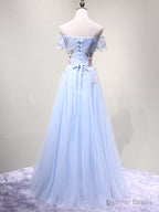 Off the Shoulder Light Blue Floral Long Prom Dresses, Off Shoulder Light Blue Formal Evening Dresses