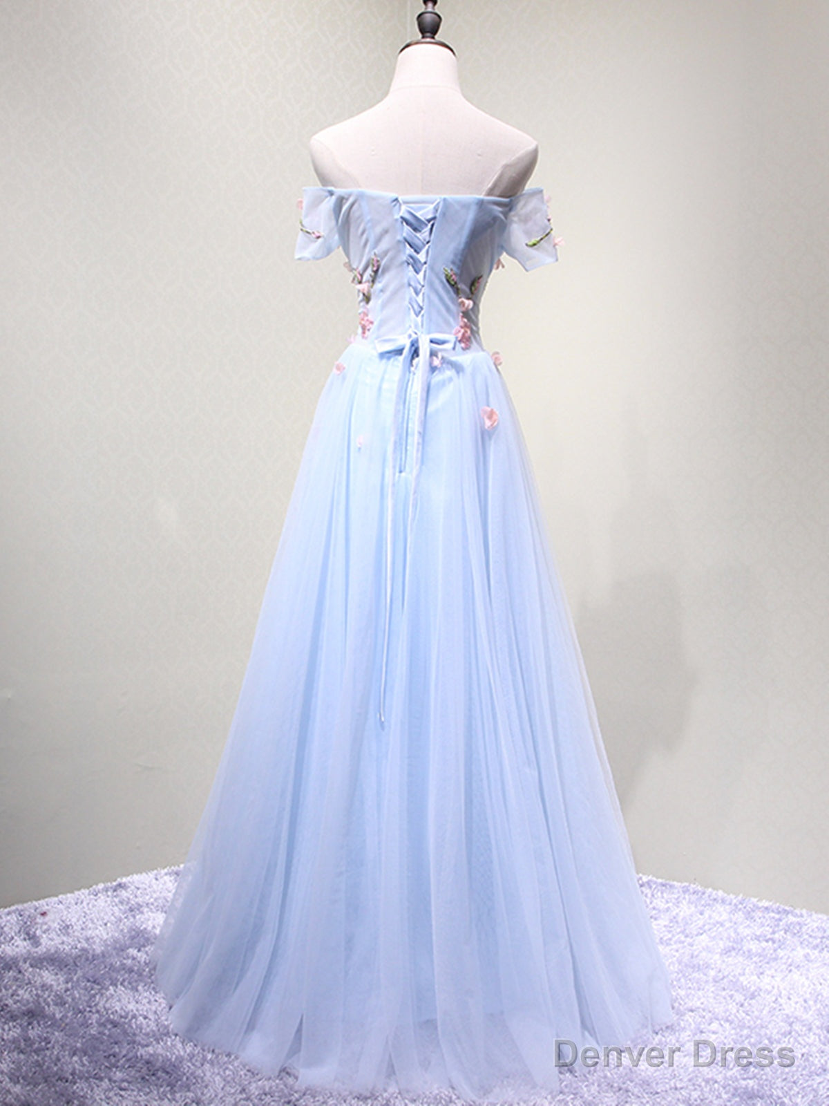 Off the Shoulder Light Blue Floral Long Prom Dresses, Off Shoulder Light Blue Formal Evening Dresses