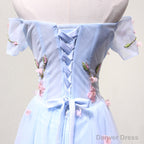 Off the Shoulder Light Blue Floral Long Prom Dress, Off Shoulder Light Blue Prom Dresses