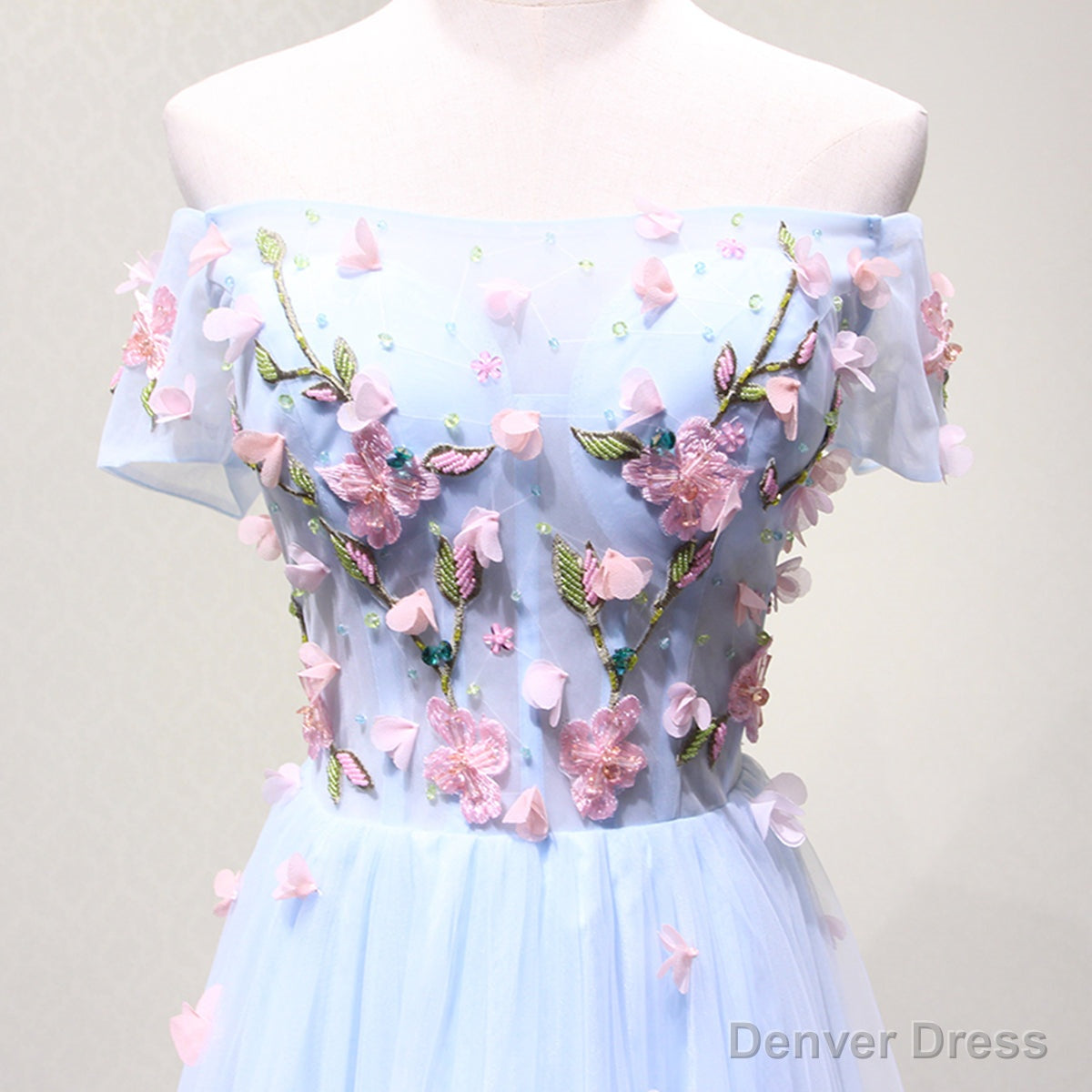 Off the Shoulder Light Blue Floral Long Prom Dresses, Off Shoulder Light Blue Formal Evening Dresses